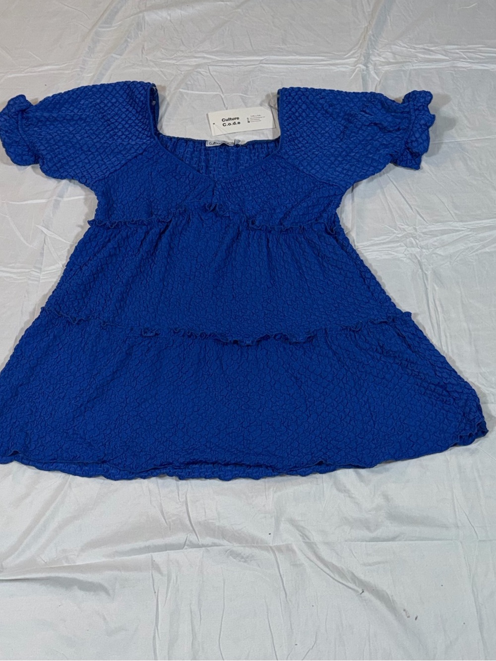 Culture Code Royal Blue Popcorn Knit Smocked Dress NWT Small S Tiered Bubble Min
